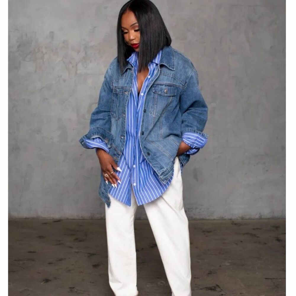 Future Collective Kahlana Barfield Brown Paint Asymmetrical Jean Jacket- Large
